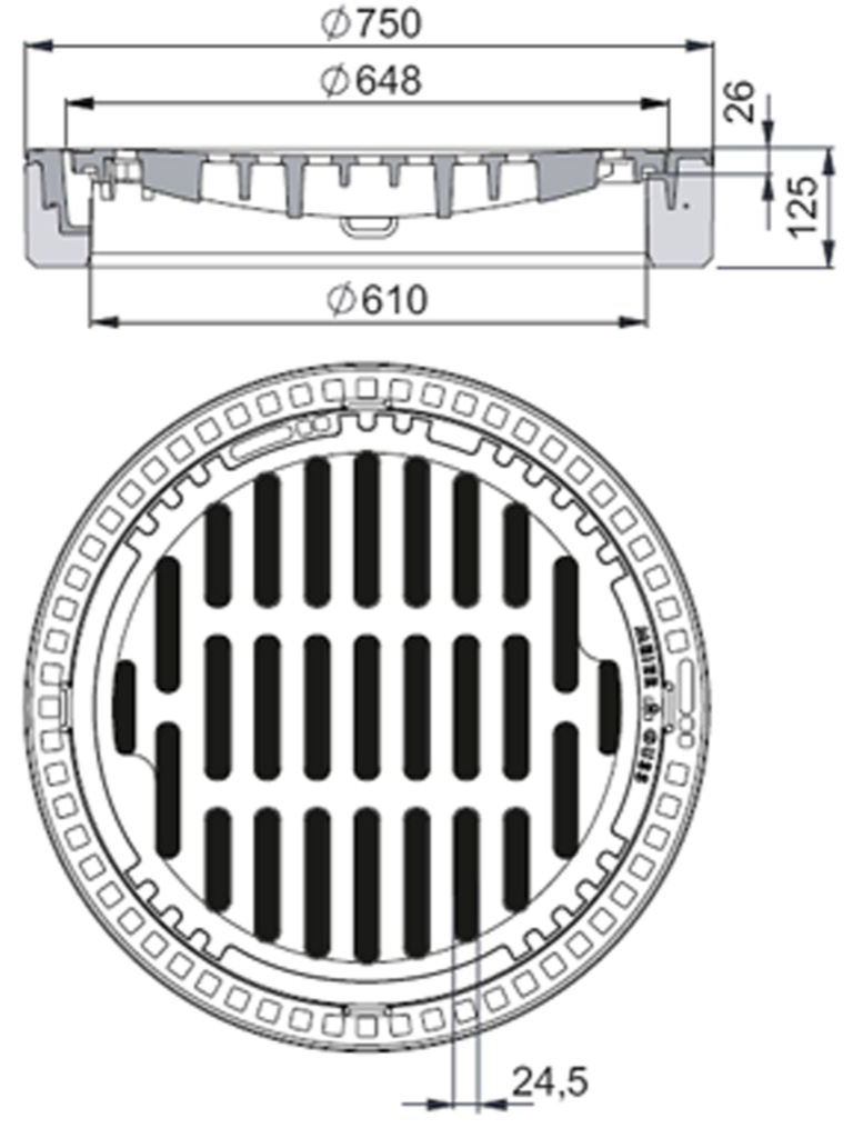 Rahmen: Beton-Guss | Rost: Gusseisen | Klasse B 125