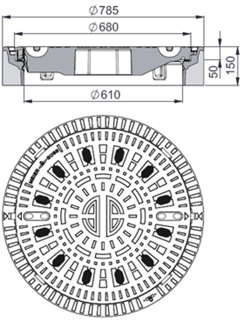 Rahmen: Beton-Guss | Deckel: Gusseisen System BUDATOP® mit kraftschlüssiger Federarretierung