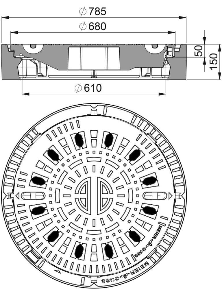 Rahmen: Gusseisen | Deckel: Gusseisen System BUDATOP® mit kraftschlüssiger Federarretierung