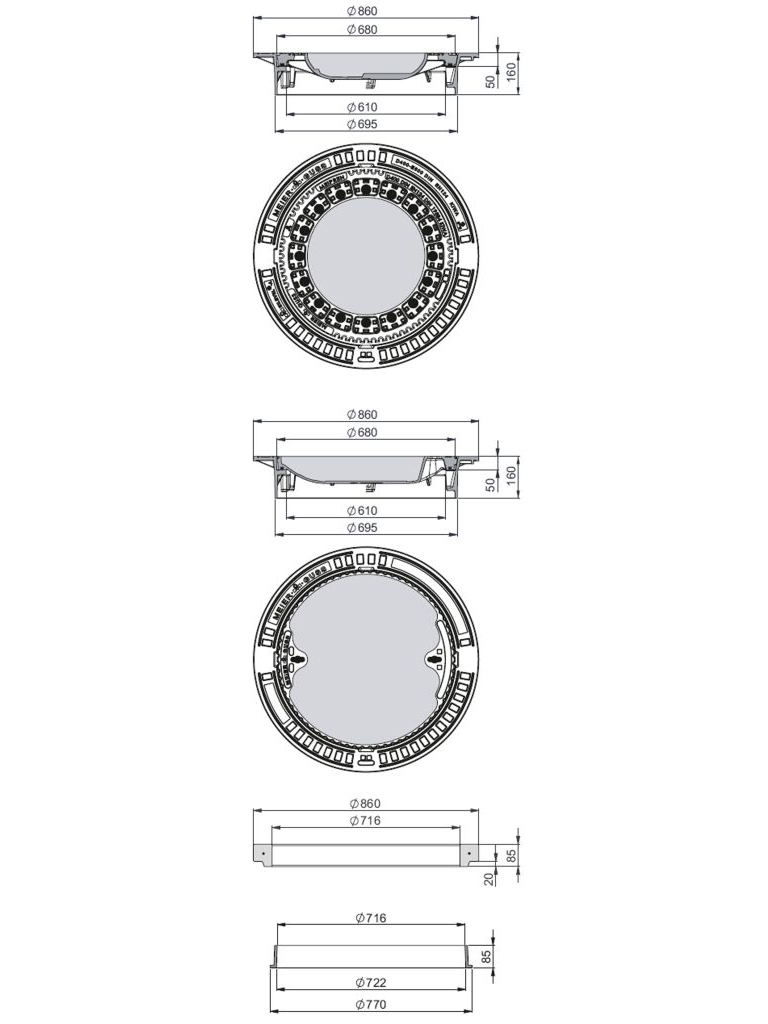 Rahmen: Gusseisen selbstnivellierend | Deckel: Beton-Guss