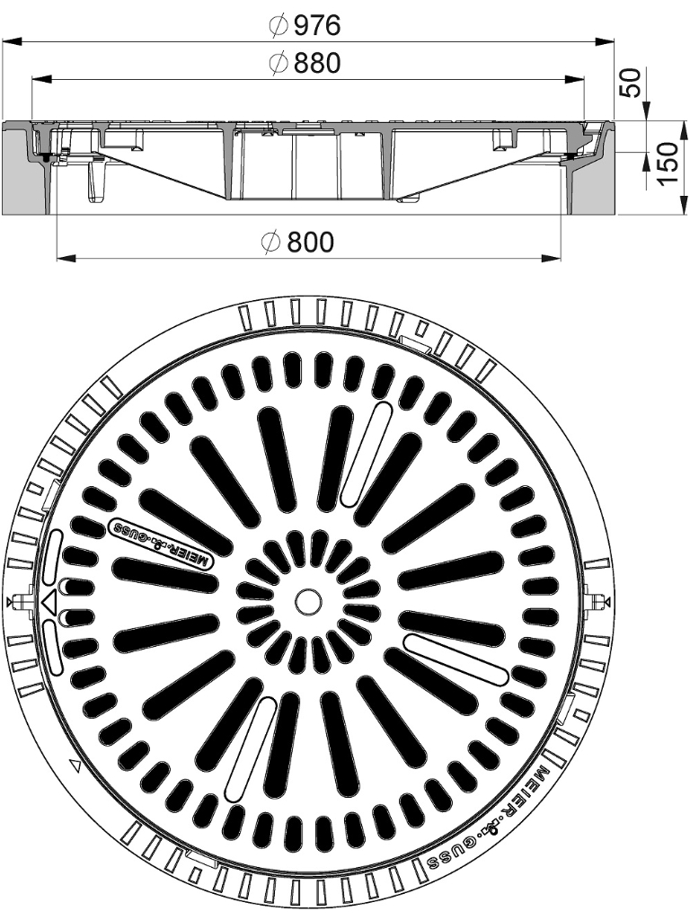 Rahmen: Beton-Guss | Rost: Gusseisen System BUDATOP® mit Federarretierung