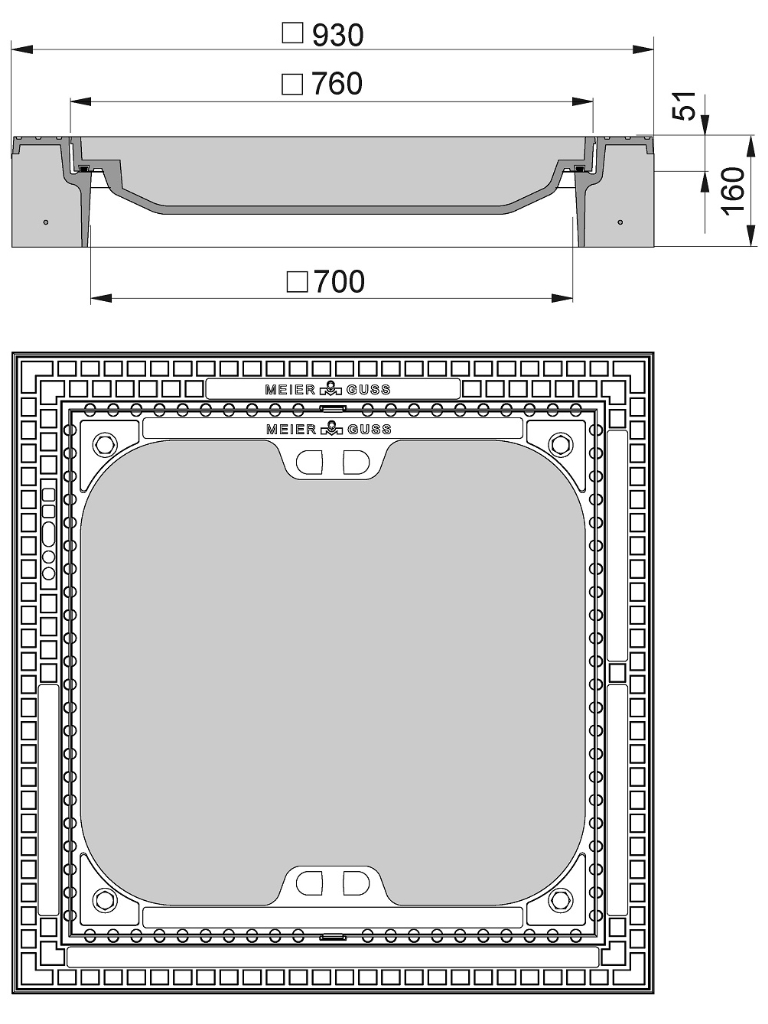 Rahmen: Beton-Guss | Deckel: Beton-Guss | lichte Weite 700/700