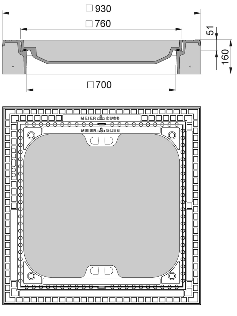 Rahmen: Beton-Guss | Deckel: Beton-Guss | lichte Weite 700/700